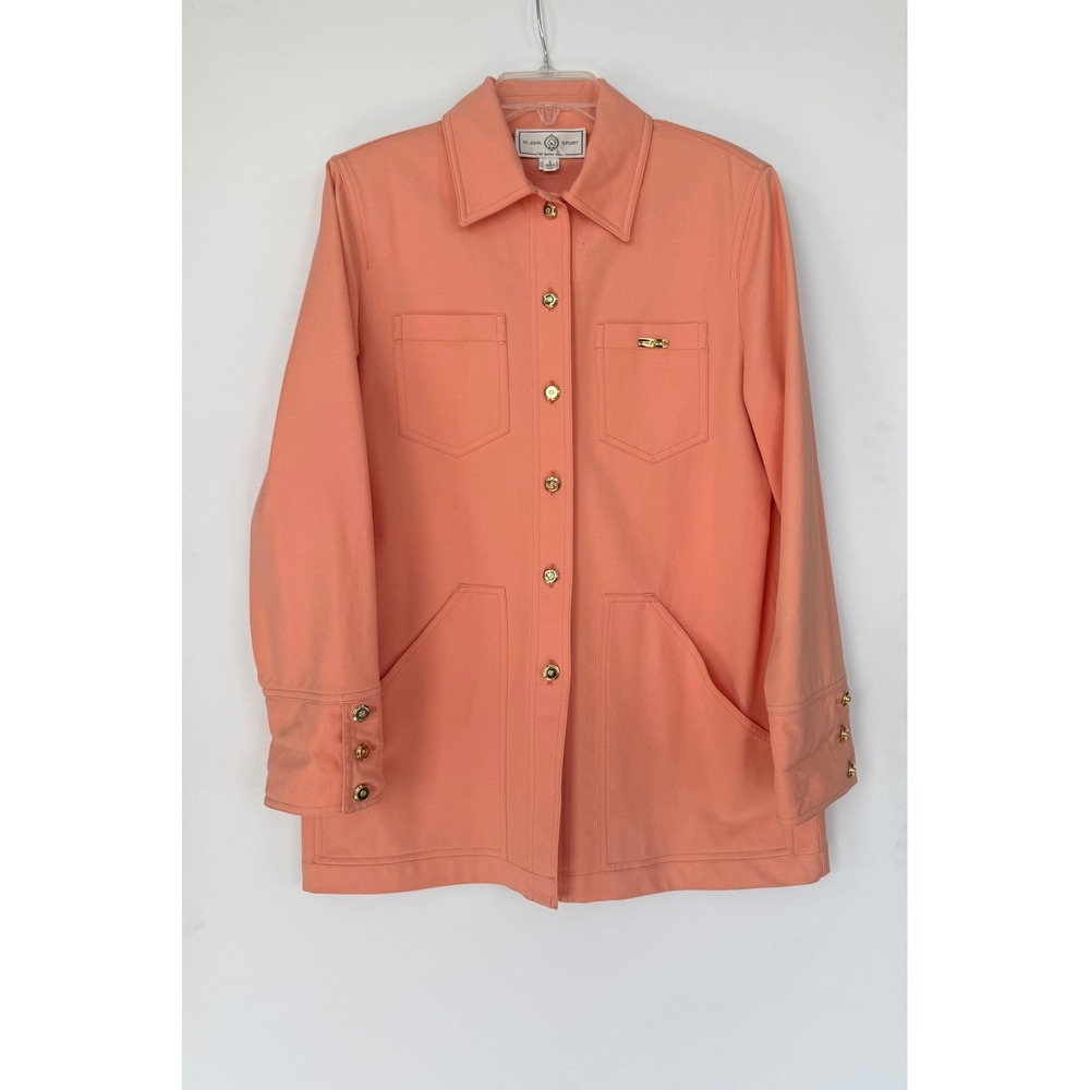 St John Sport Peach Button Up Jacket Gold Logo Buttons Small Coastal Preppy Chic